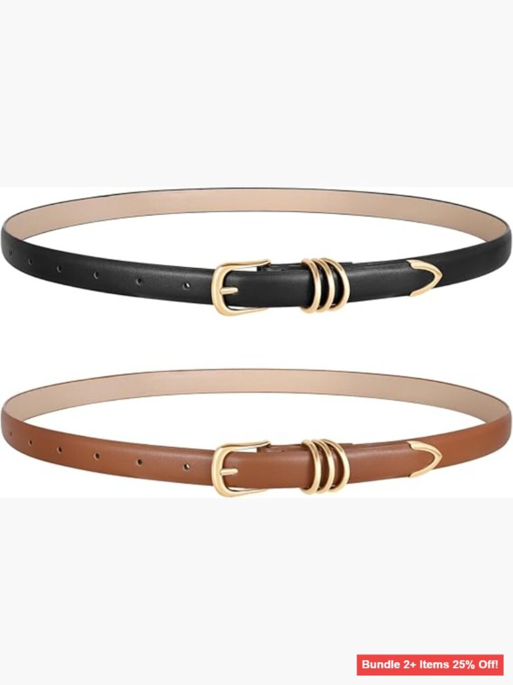 Women's 2-Pack Skinny Faux Leather Belts, 0.71" Width, Metal Buckle